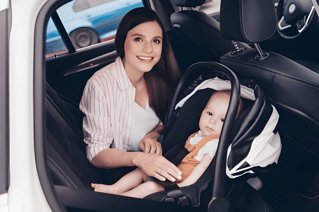 a happy mother with a baby sitting in a car seat