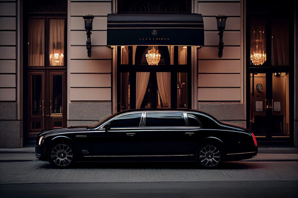 Luxury car speeds by modern building at dusk , elgin