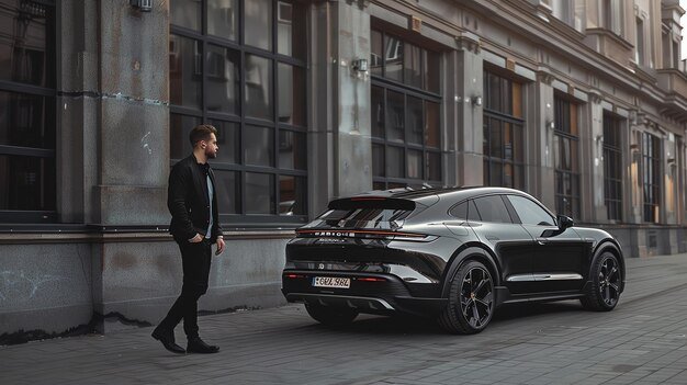 a man standing behind a black car