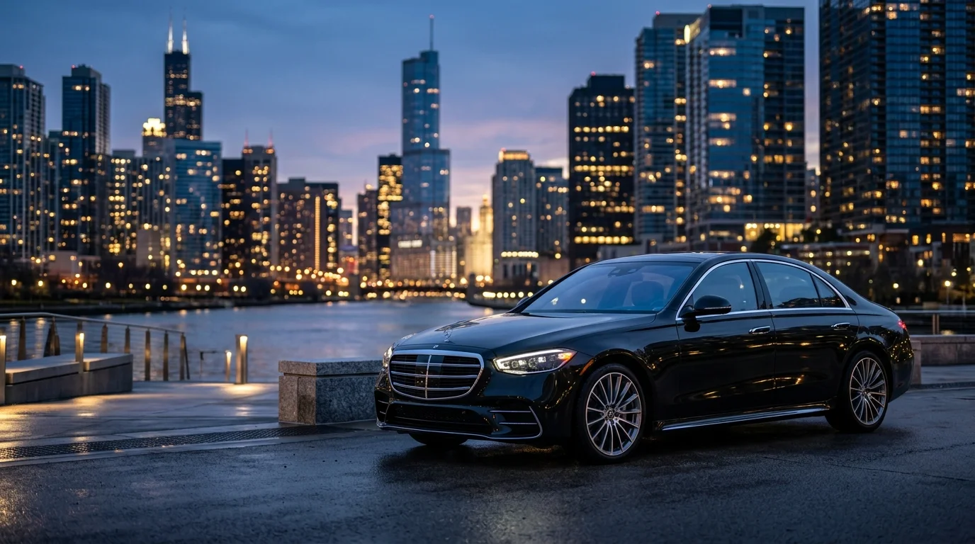 Professional chauffeur opening the door of a luxury black car in Chicago