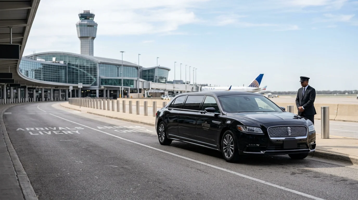 Chicago airport limo service with a chauffeur handling luggage at the terminal